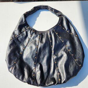 Black Faux Leather Ruched Studded Studs Oversize Slouch Hobo Shoulder Bag  Lined